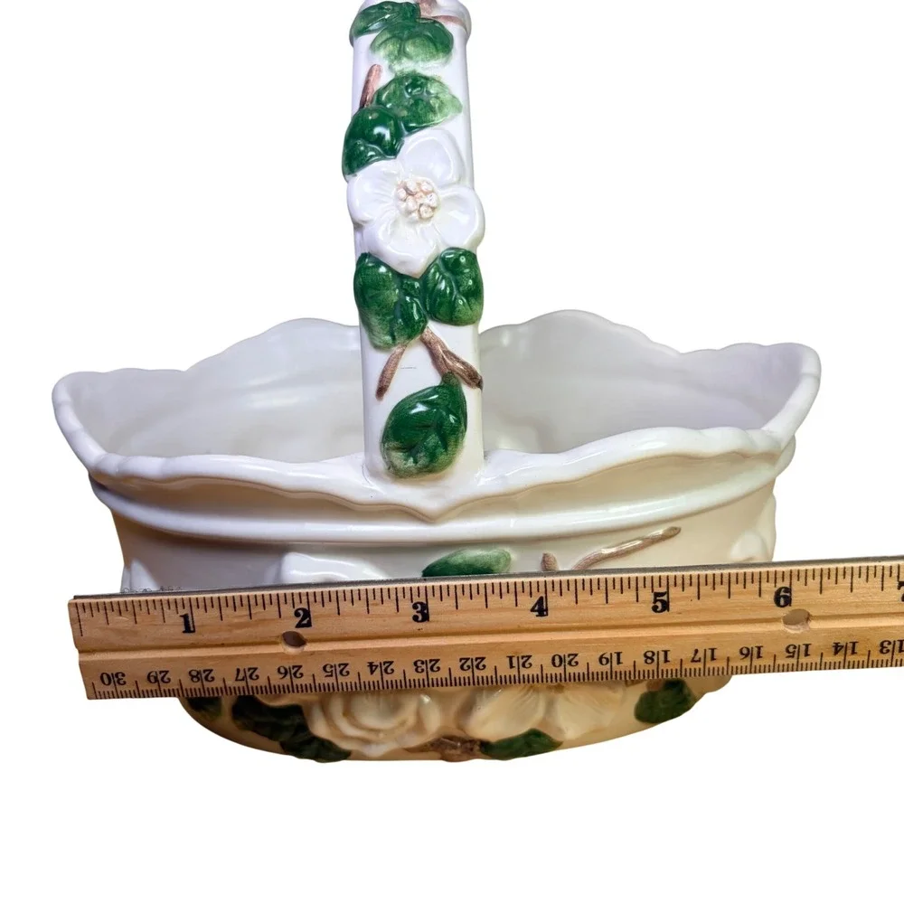 Napco Ceramic Magnolia Flower Basket Planter Vase White Green Rare Retro Vintage
